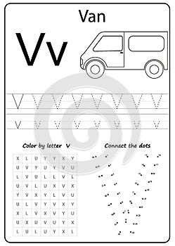 Writing letter V. Worksheet. Writing A-Z, alphabet, exercises game for kids.