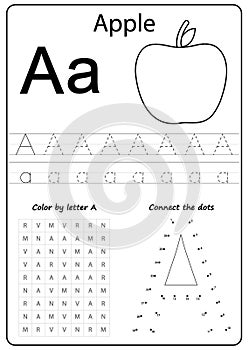 Writing letter A. Worksheet. Writing A-Z, alphabet, exercises game for kids.