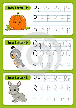Writing letters. Tracing page. Practice sheet. Worksheet for kids. exercise for preschools. Learn alphabet. Cute characters.