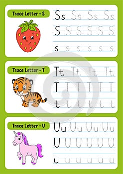 Writing letters. Tracing page. Practice sheet. Worksheet for kids. exercise for preschools. Learn alphabet. Cute characters.