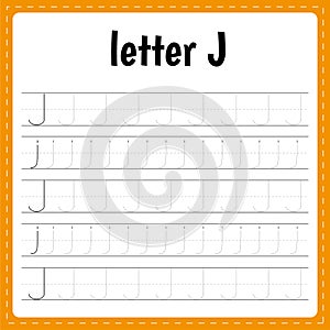 Writing letters. Tracing page. Worksheet for kids. Learn alphabet. Letter J