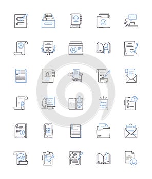 Writing line icons collection. Penning, Authoring, Scribbling, Composing, Typing, Drafting, Jotting vector and linear photo