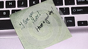 Writing love text on memo post reminder. Sticker with lovely message. Text on notepaper