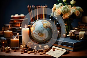 Writing materials, a globe, books and candles on the table. Card for holiday teacher\'s day
