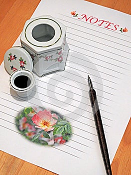Writing note paper stationery ink pen calligraphy inkwell lined ruled letter correspondence writing mail post floral flowers