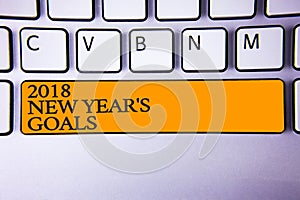 Writing note showing 2018 New Years Goals. Business photo showcasing resolution List of things you want to achieve Keyboard key I