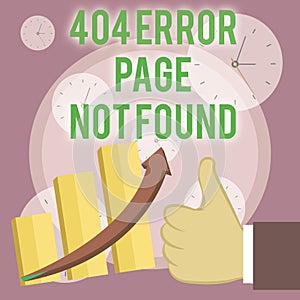 Writing note showing 404 Error Page Not Found. Business photo showcasing Webpage on Server has been Removed or Moved