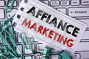 Writing note showing Affiance Marketing. Business photo showcasing joining two or more companies in same field mutual goal writte