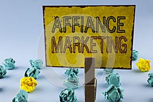 Writing note showing Affiance Marketing. Business photo showcasing joining two or more companies in same field mutual goal writte photo