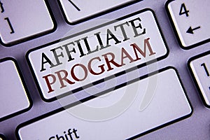 Writing note showing Affiliate Program. Business photo showcasing software link songs apps books and sell them to earn money writ