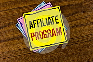 Writing note showing Affiliate Program. Business photo showcasing software link songs apps books and sell them to earn money writ