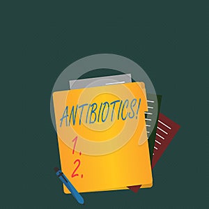 Writing note showing Antibiotics. Business photo showcasing Antibacterial Drug Disinfectant Aseptic Sterilizing Sanitary photo