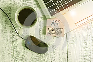 Writing note showing App Development. Business photo showcasing the act or process by which a mobile app is developed Trendy