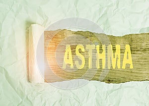 Writing note showing Asthma. Business photo showcasing Respiratory condition marked by spasms in the bronchi of the