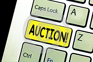 Writing note showing Auction. Business photo showcasing Public sale Goods or Property sold to highest bidder Purchase