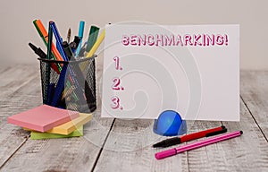 Writing note showing Benchmarking. Business photo showcasing evaluate something by comparison with standard or scores