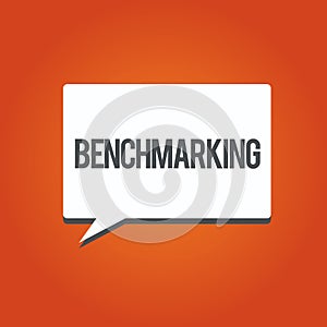 Writing note showing Benchmarking. Business photo showcasing Evaluate something by comparison with a standard Strategy