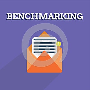 Writing note showing Benchmarking. Business photo showcasing Evaluate something by comparison with a standard Strategy