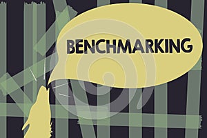 Writing note showing Benchmarking. Business photo showcasing Evaluate something by comparison with a standard Strategy