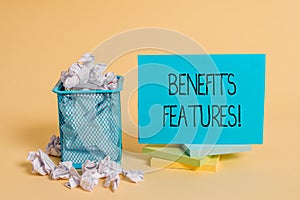 Writing note showing Benefits Features. Business photo showcasing Making a product stand out from the crowd Value of it