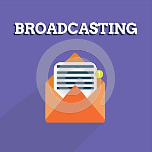 Writing note showing Broadcasting. Business photo showcasing Transmit program or some information by radio television