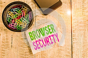 Writing note showing Browser Security. Business photo showcasing security to web browsers in order to protect networked data