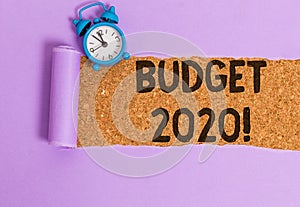 Writing note showing Budget 2020. Business photo showcasing estimate of income and expenditure for next or current year.