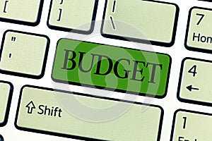 Writing note showing Budget. Business photo showcasing defined estimate of income and expenditure for set period of time