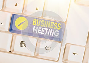 Writing note showing Business Meeting. Business photo showcasing used discuss issues that cannot be addressed in simple way