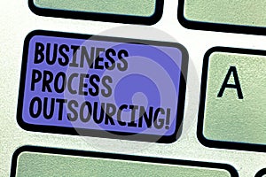 Writing note showing Business Process Outsourcing. Business photo showcasing Contracting work to external service