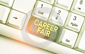 Writing note showing Career Fair. Business photo showcasing an event at which job seekers can meet possible employers