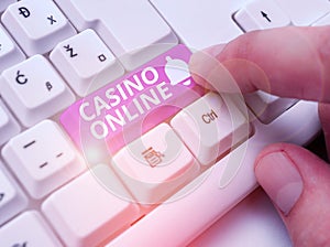 Writing note showing Casino Online. Business photo showcasing gamblers can play and wager on casino games through online