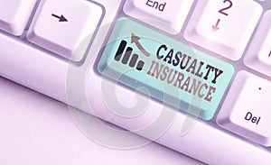 Writing note showing Casualty Insurance. Business photo showcasing overage against loss of property or other liabilities photo