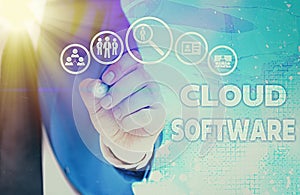 Writing note showing Cloud Software. Business photo showcasing Programs used in Storing Accessing data over the internet