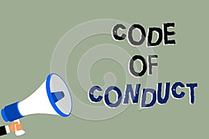 Writing note showing Code Of Conduct. Business photo showcasing Ethics rules moral codes ethical principles values respect Man hol