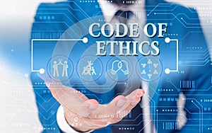 Writing note showing Code Of Ethics. Business photo showcasing basic guide for professional conduct and imposes duties