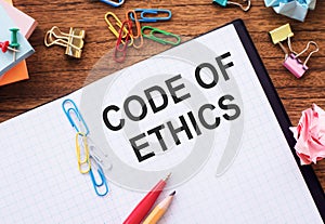 Writing note showing Code Of Ethics. Business photo showcasing Moral Rules Ethical Integrity Honesty Good procedure