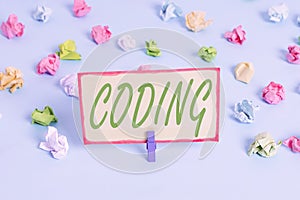 Writing note showing Coding. Business photo showcasing assigning code to something for classification identification Colored