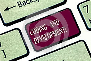 Writing note showing Coding And Development. Business photo showcasing To program or create a software or any