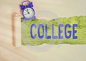 Writing note showing College. Business photo showcasing educational institution or establishment providing higher education