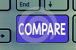 Writing note showing Compare. Business photo showcasing Estimate Measure Note the similarities dissimilarities between photo