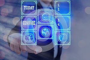 Writing note showing Compare. Business photo showcasing Estimate Measure Note the similarities dissimilarities between Elements of photo