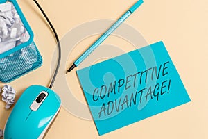 Writing note showing Competitive Advantage. Business photo showcasing Company Edge over another Favorable Business