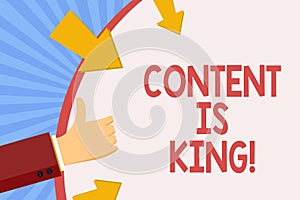 Writing note showing Content Is King. Business photo showcasing articles or posts can guarantee you success Advertising.