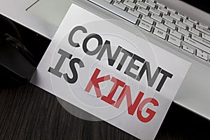 Writing note showing Content Is King. Business photo showcasing articles or posts can guarantee you success Advertising written o