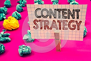 Writing note showing Content Strategy. Business photo showcasing Management Network Internet Website Marketing Plan Clothespin ho