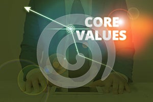 Writing note showing Core Values. Business photo showcasing the fundamental beliefs or principle of a demonstrating or