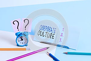 Writing note showing Corporate Culture. Business photo showcasing pervasive values and attitudes that characterize a company Mini