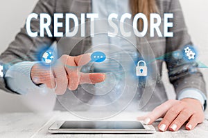 Writing note showing Credit Score. Business photo showcasing Represent the creditworthiness of an individual Lenders