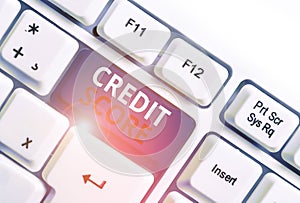 Writing note showing Credit Score. Business photo showcasing Represent the creditworthiness of an individual Lenders